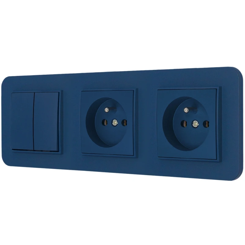 Włącznik podwójny i dwa gniazda pojedyncze z ramką zaokrągloną seria MINI kolor navy blue