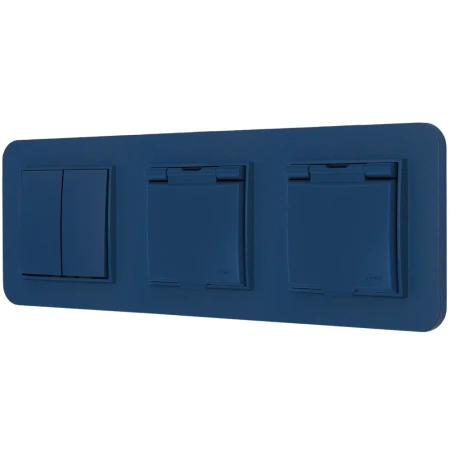 Włącznik podwójny i dwa gniazda hermetyczne z ramką zaokrągloną seria MINI kolor navy blue