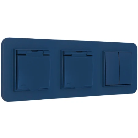 Włącznik podwójny i dwa gniazda hermetyczne z ramką zaokrągloną seria MINI kolor navy blue
