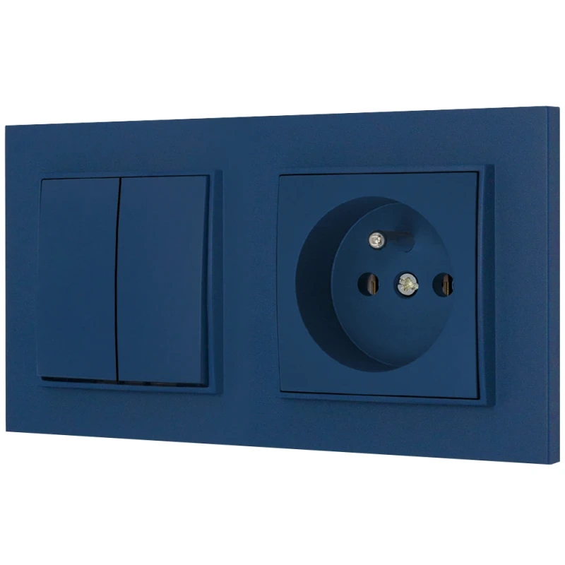 Włącznik podwójny z gniazdem pojedynczym z ramką kwadratową seria MINI kolor navy blue
