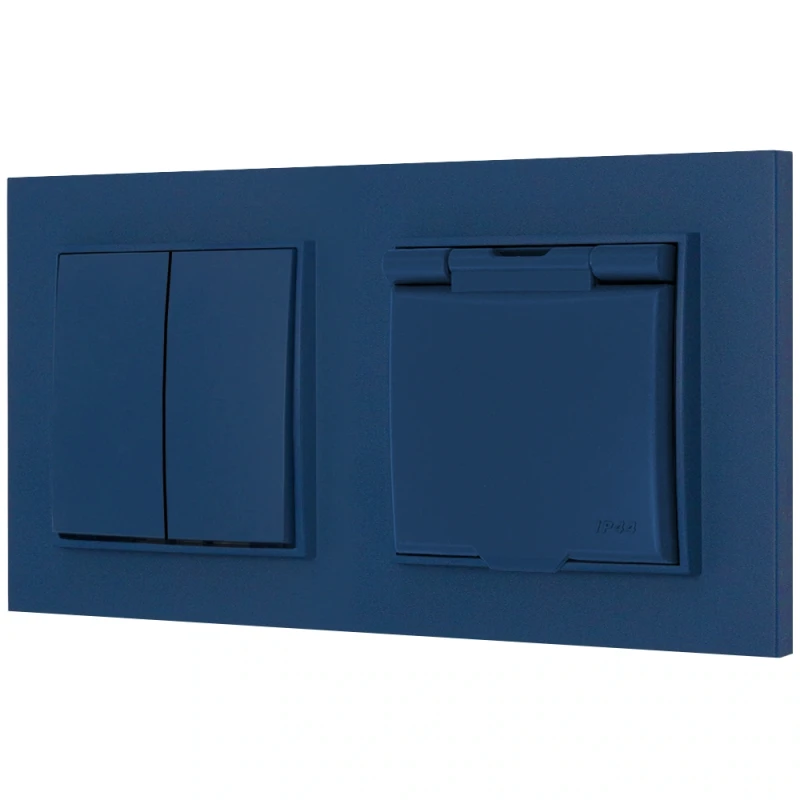 Włącznik podwójny z gniazdem hermetycznym z ramką kwadratową seria MINI kolor navy blue