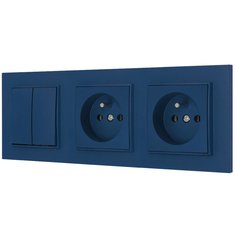 Włącznik podwójny i dwa gniazda pojedyncze z ramką kwadratową seria MINI kolor navy blue