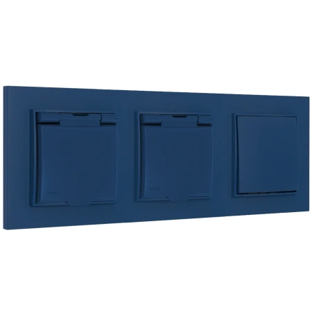 Włącznik pojedynczy i dwa gniazda hermetyczne z ramką kwadratową seria MINI kolor navy blue