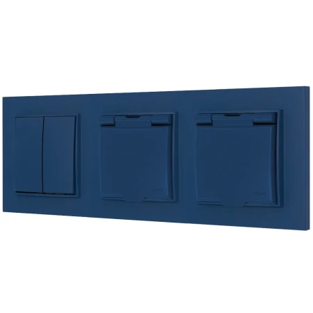 Włącznik podwójny i dwa gniazda hermetyczne z ramką kwadratową seria MINI kolor navy blue