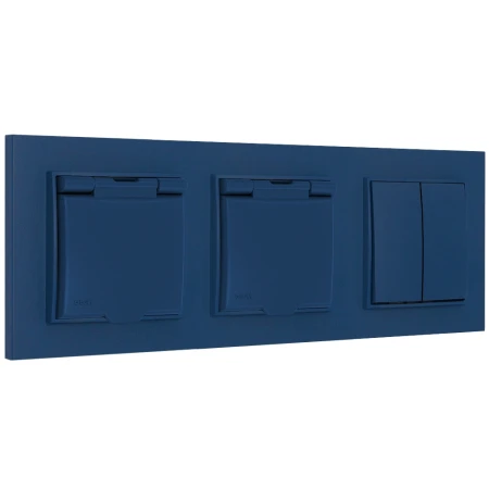 Włącznik podwójny i dwa gniazda hermetyczne z ramką kwadratową seria MINI kolor navy blue