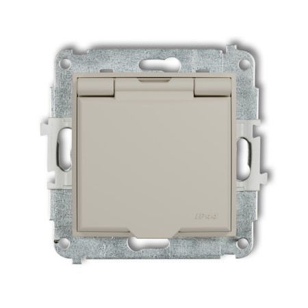 Karlik seria Mini Mechanizm gniazda bryzgoszczelnego z uziemieniem 2P+Z (klapka taupe, przesłony torów prądowych) kolor taupe indeks 60MGPB-1zp