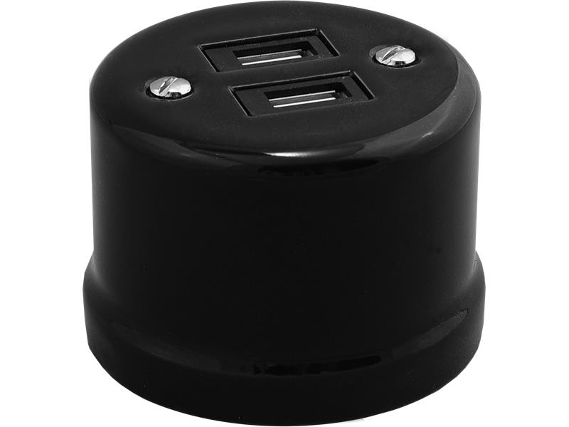 Gniazdo USB podwójne natynkowe 3.2A 'Retro ceramic', czarne