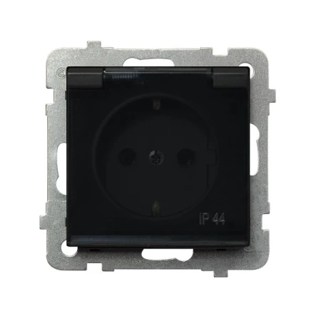Gniazdo bryzgoszczelne z uziemieniem schuko IP-44 wieczko przezroczyste producent Ospel seria Sonata kolor Czarny mat kod GPH-1RS/m/33/d